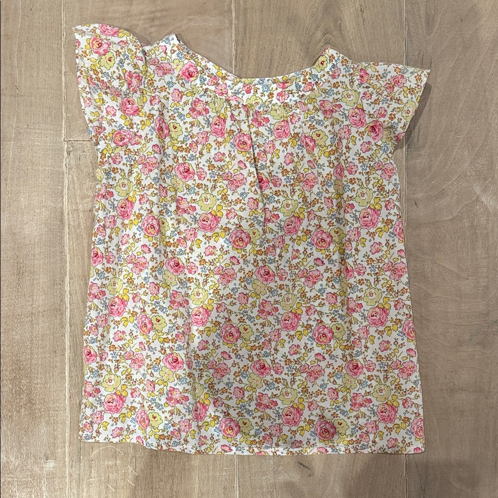 Bonpoint White Floral Cap-Sleeve Top with Pink & Yellow Roses